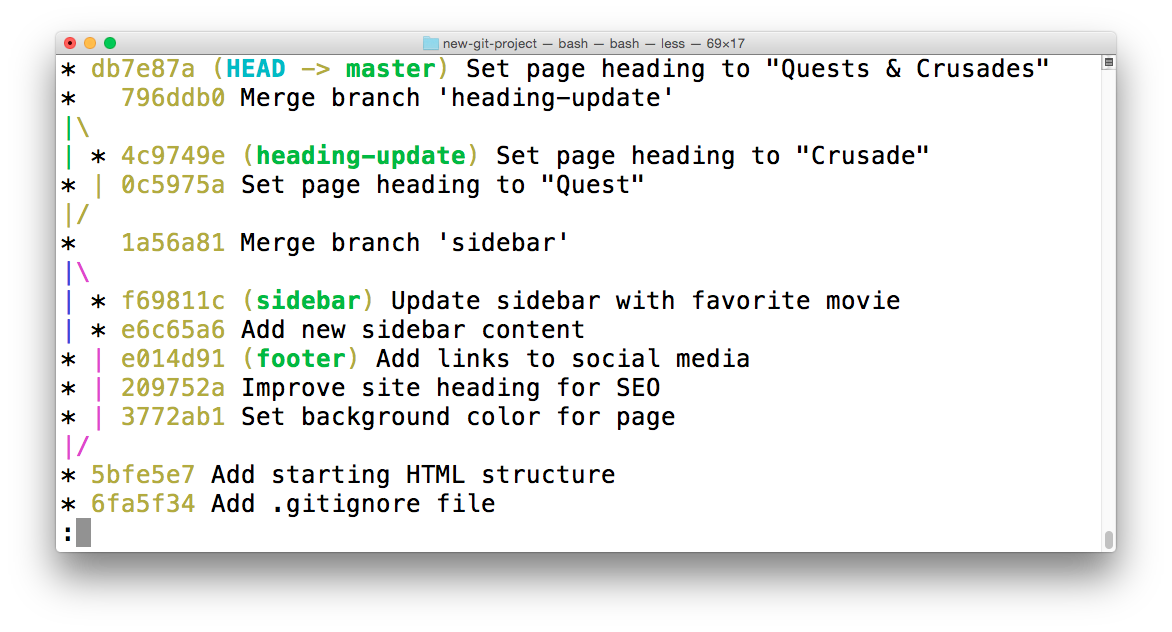 _The Terminal application showing the log of a repository. The most-recent commit changes the heading from "Adventurous Quest" to "Quests & Crusades"._